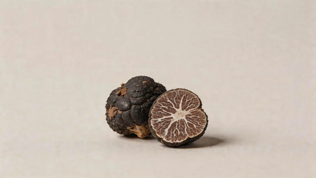 A whole truffle and a cross-section, from the supplied brochure