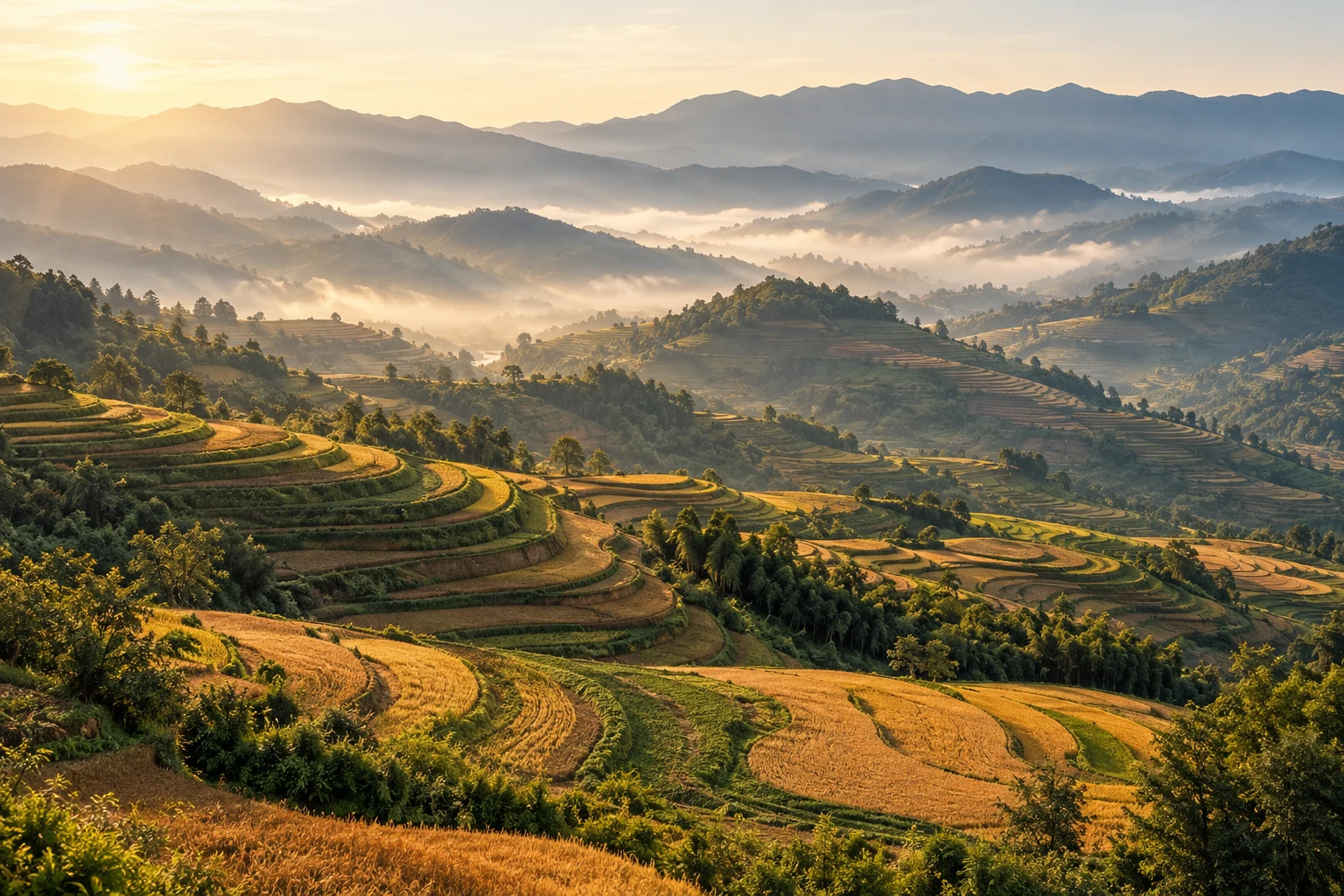 Illustrative Yunnan-inspired terraced farmland and layered hills in warm morning light